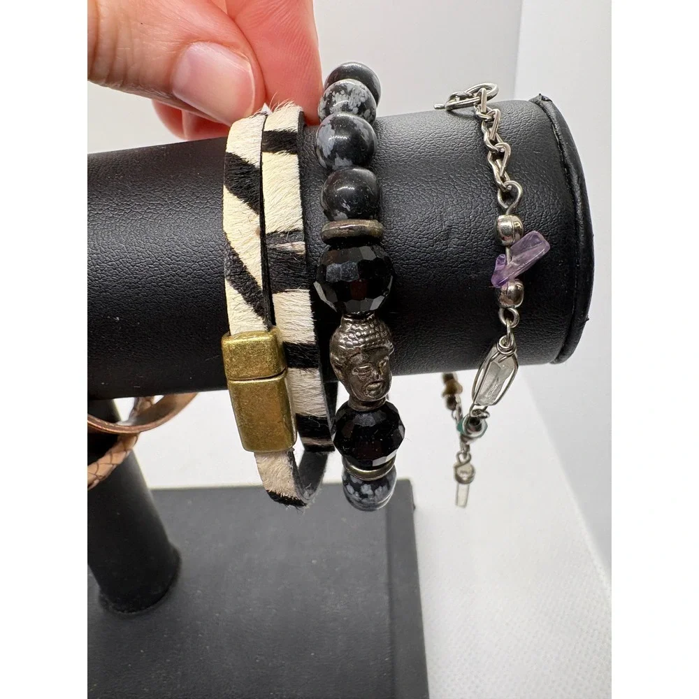 8pc Bracelet Lot Copper Pure Cuff Animal Print Leather Beaded Buddha Boho Set